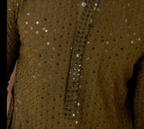 Men Olive Floral Embroidered Sequined Rayon Kurta