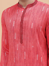Men Pink & White Silk Woven Design Straight Kurta