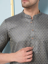 Men Charcoal & Gold Woven Design Thread Work Kurta With pyjama