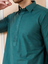 Men Green Cotton Solid Pathani Kurta