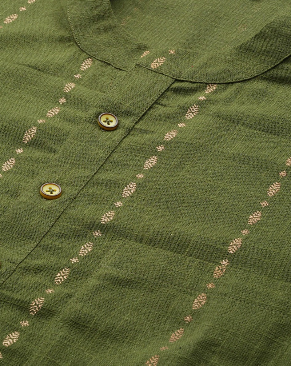 Men Green & Gold Stripe Printed Straight Kurta With Pajama