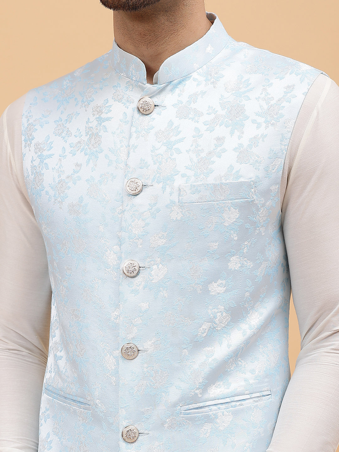 Men Turquoise Blue & Gold Woven Design Jacquard Nehru Jacket