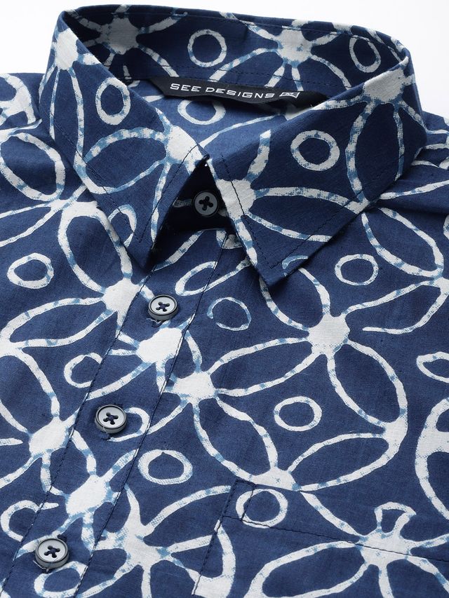 Men Blue Regular Pure Cotton Pathani Printed Men's Kurta