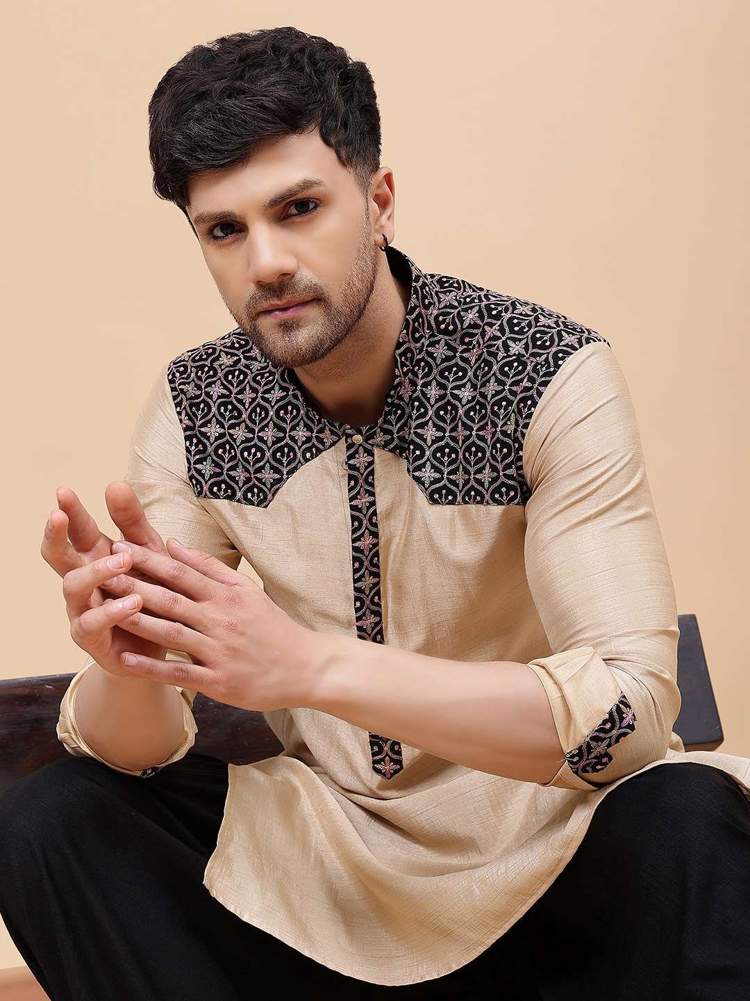 Men Gold & Black Silk Woven Design Straight Kurta