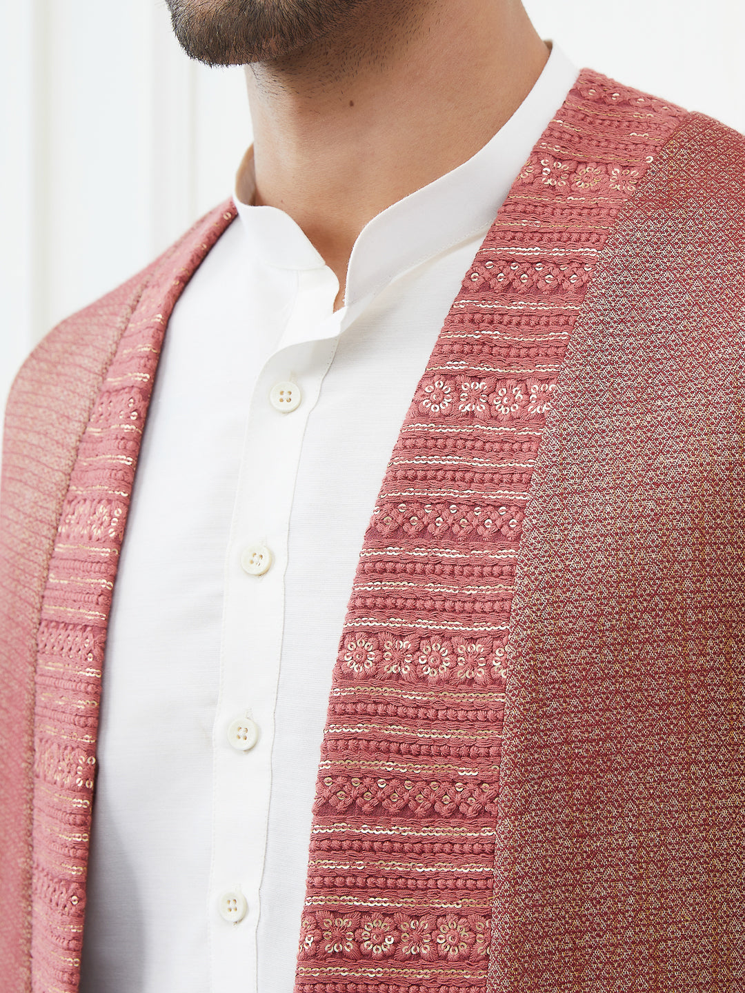 Men Burgundy Color Woven Design Jacqurd Nehru Jacket