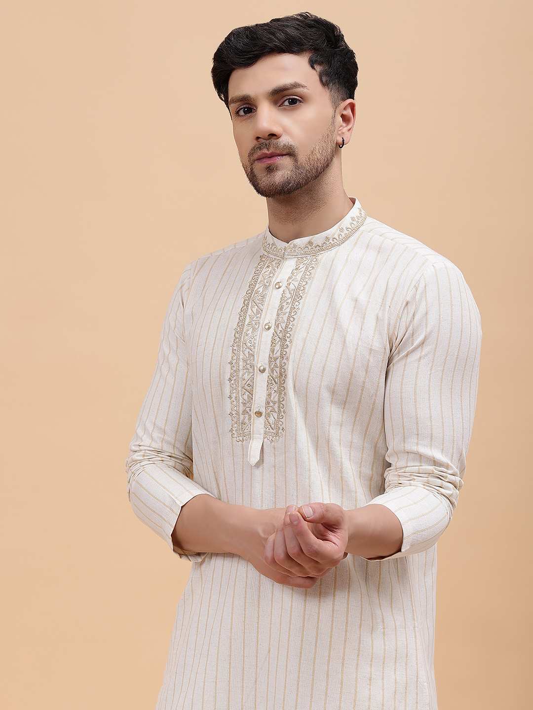 Men Beige & Gold Silk Woven Design Straight Kurta