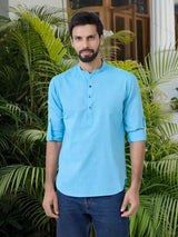 Men Pack Of 2 Turquoise Blue & Mustard Cotton Solid Short Kurta
