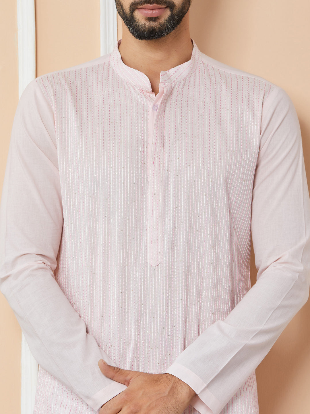 Light Pink Thread & Sequins Worked Pure Cotton Straight Kurta with Pyjama