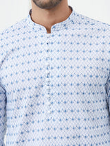 Men White And Blue Chikankari Embroidered Cotton Kurta Set
