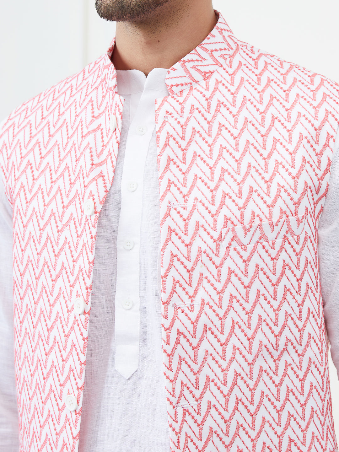 Men White And Pink Color Woven Design Chikankari Embroidery Cotton Nehru Jacket