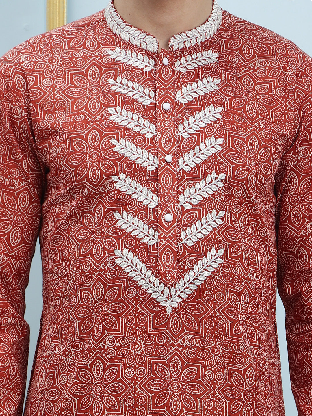 Riwaat.com Men Red & White Embroidery Cotton Kurta Riwaat Embroidered