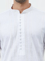 Men White Cotton Silver Thread Work & Sequence Kurta