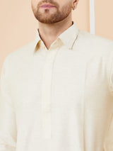 Men Cream Cotton Solid Pathani Kurta with Pyjama