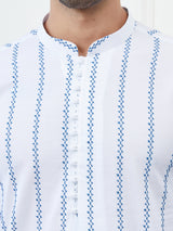 Men White And Blue Chikankari Embroidered Cotton Kurta Set
