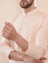 Men Peach Cotton Silk Pintex Design Thread Work Kurta With Pyjama