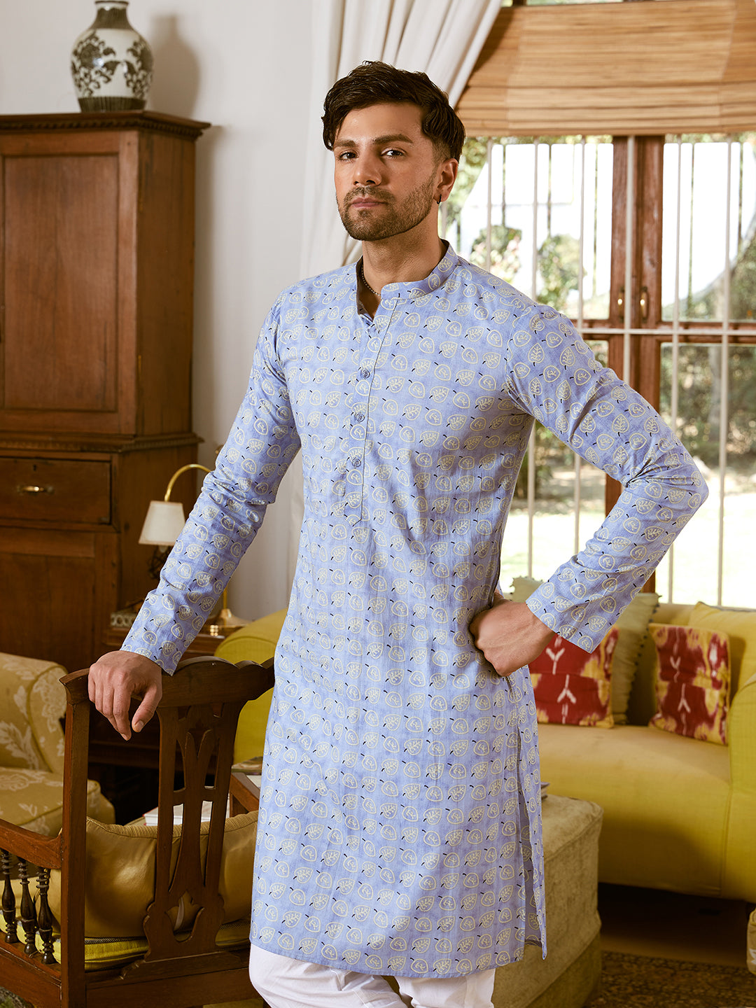 Men Sky Blue And White Cotton Leaf Print Straight Kurta