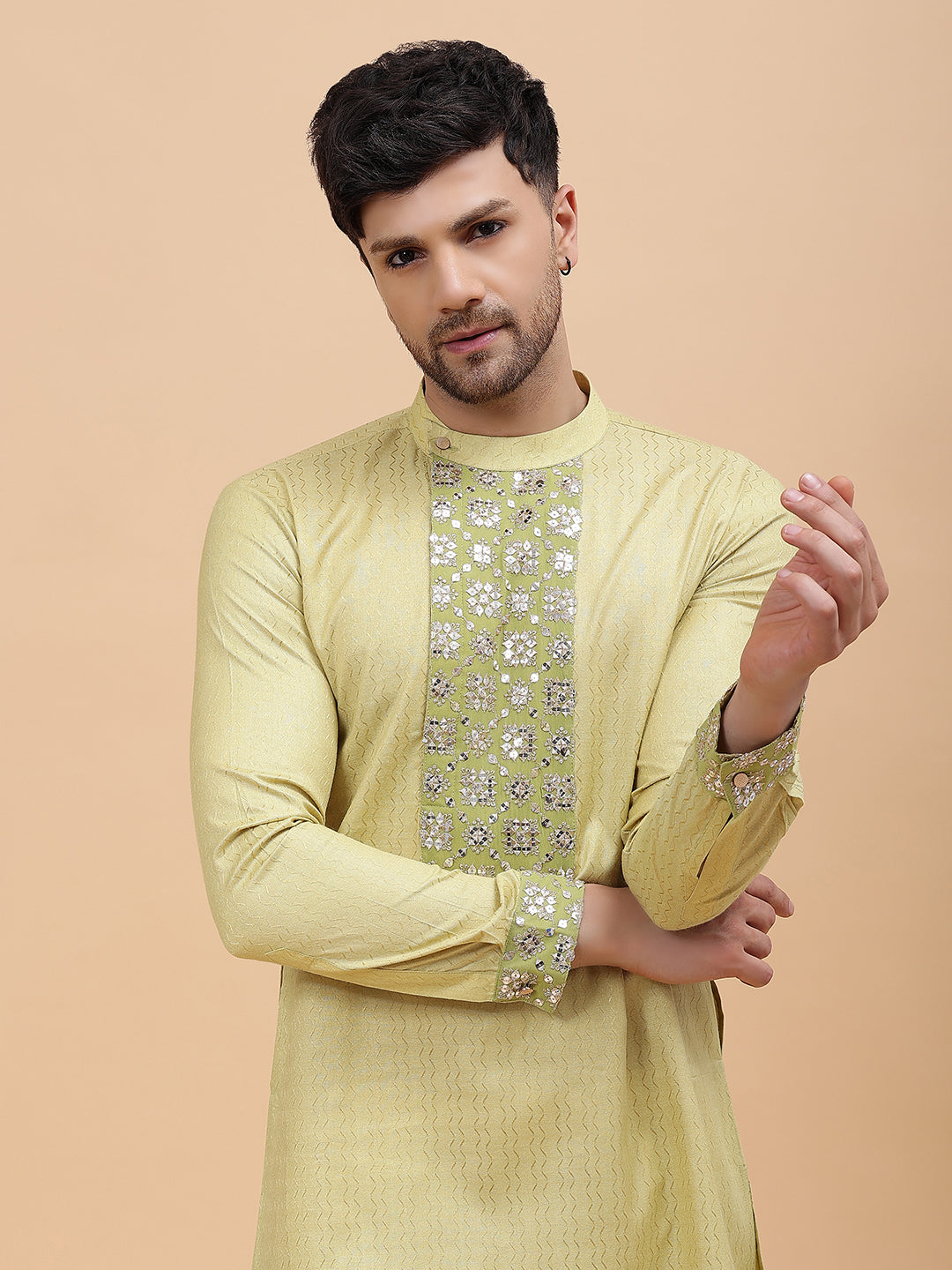 Men Gold & Green Silk Woven Design Straight Kurta With pyjama