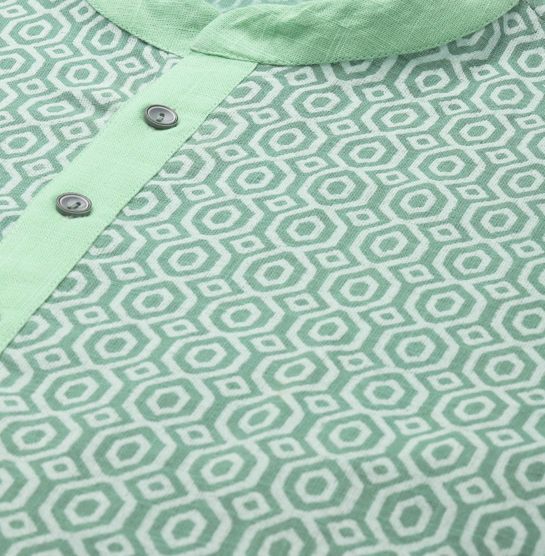 Men Green & White Printed Pure Cotton Straight Kurta