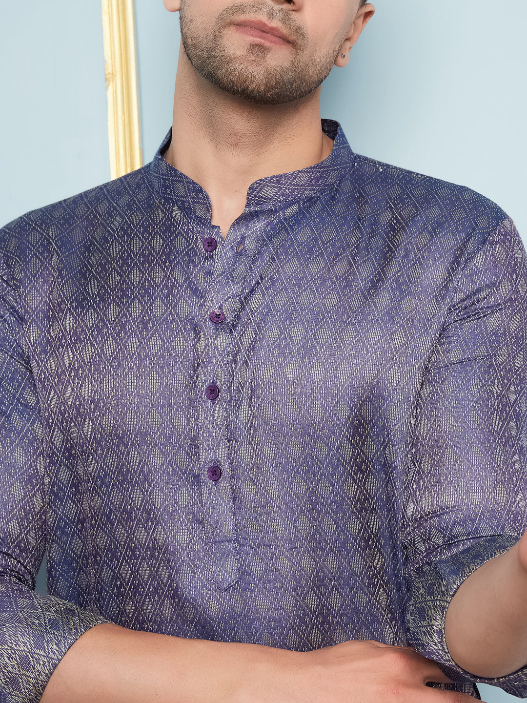 Men Navy Blue & Gold Woven Design Thread Work Kurta With Pajama