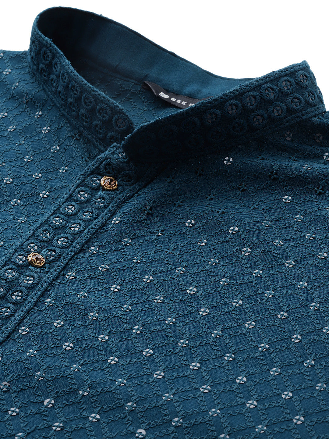 Men Teal Embroidered Sequin Rayon Kurta
