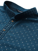 Men Teal Embroidered Sequin Rayon Kurta