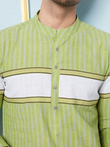 Men Lime Green And White Thread Work Kurta