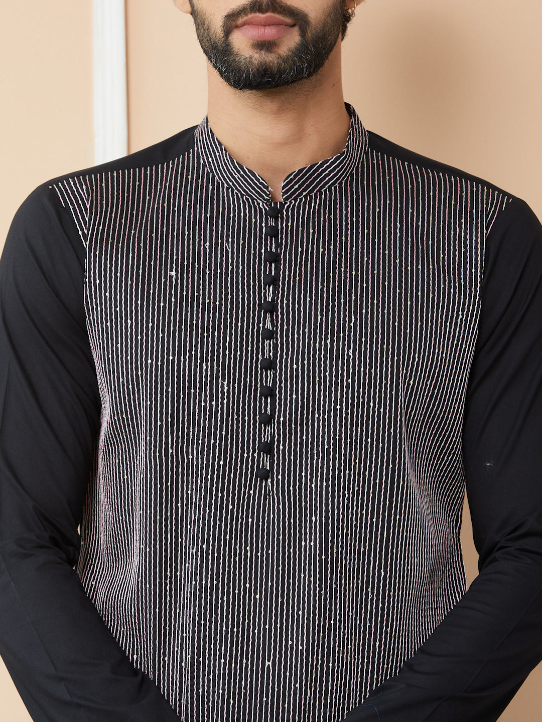 Black Thread & Sequins Worked Pure Cotton Straight Kurta with Pyjama