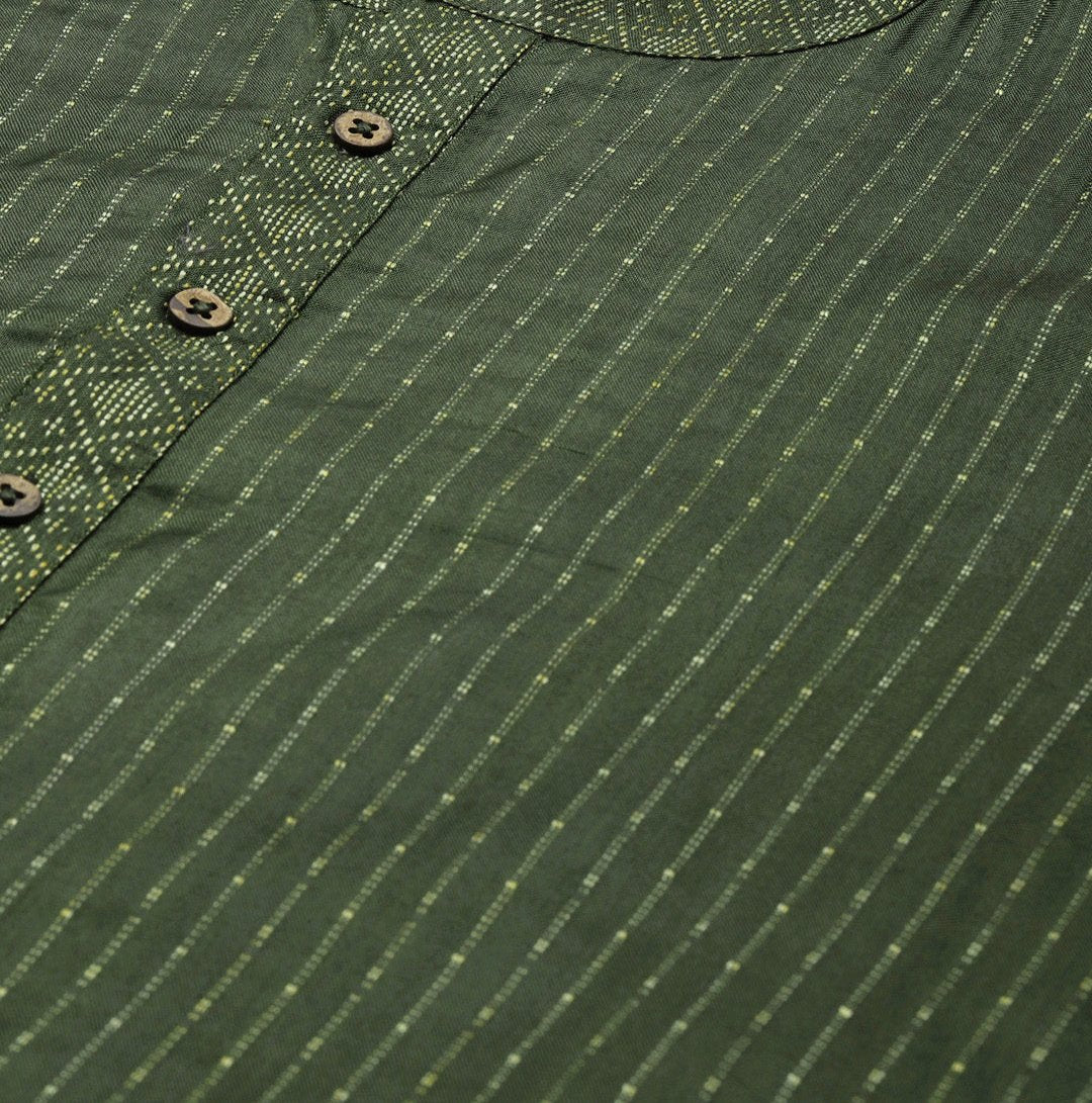 Men Green & Beige Toned Woven Design Thread Work Kurta