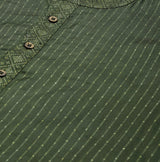 Men Green & Beige Toned Woven Design Thread Work Kurta