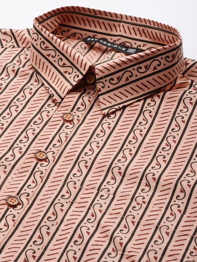 Men Peach Regular Pure Cotton Pathani Printed Men's Kurta