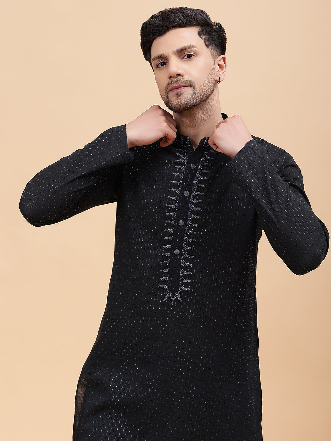 Men Black & Silver Silk Woven Design Straight Kurta With pyjama