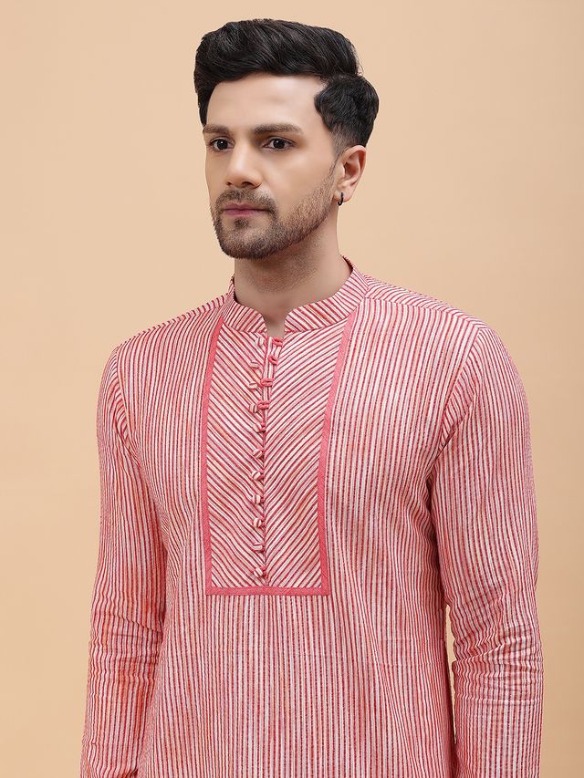 Men Pink Stripe Pure Cotton Printed Straight Kurta With pyjama