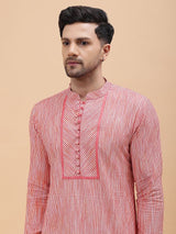Men Pink Stripe Pure Cotton Printed Straight Kurta With pyjama