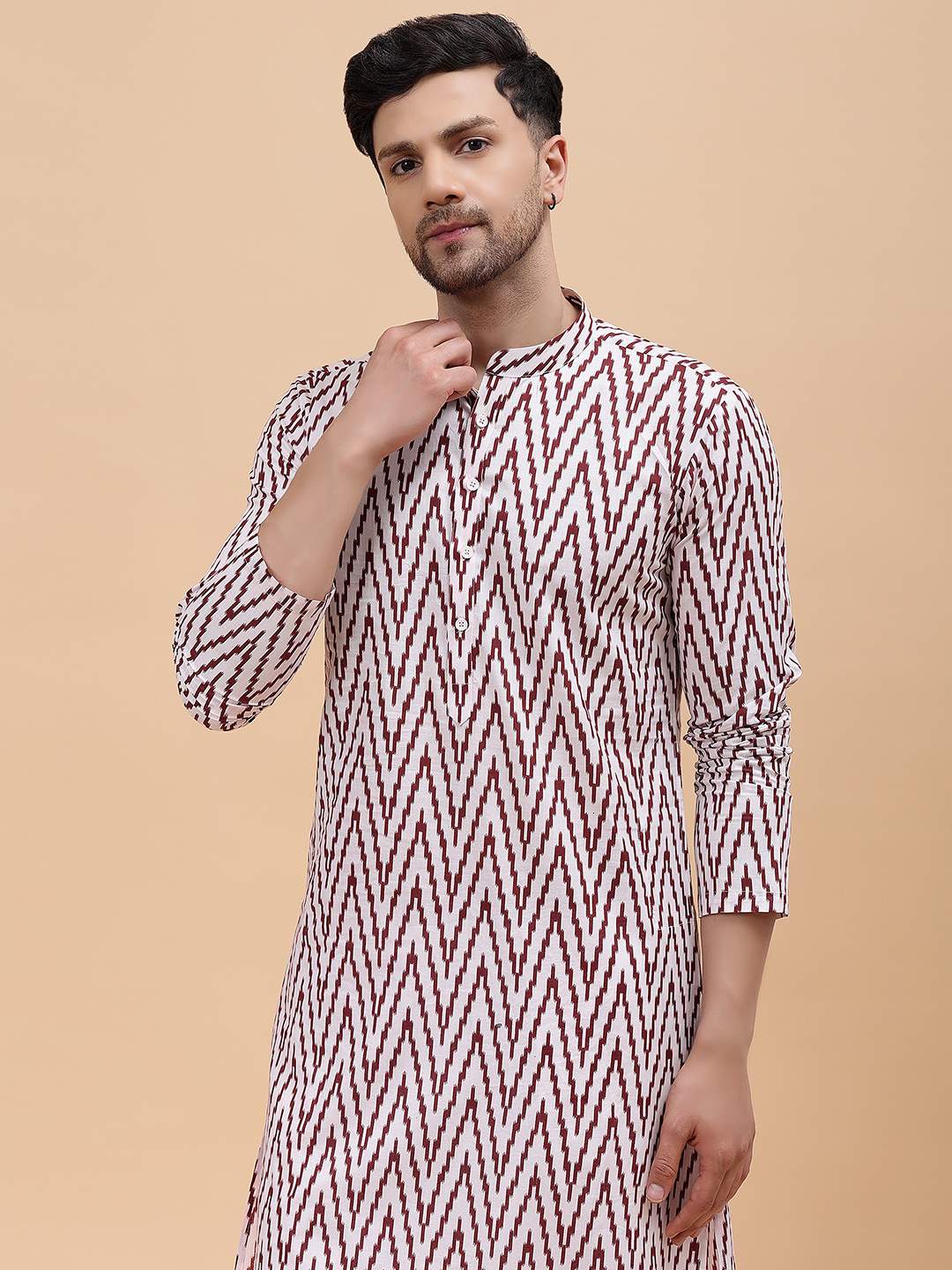 Men Off White & Maroon Pure Cotton Printed Straight Kurta