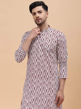 Men Off White & Maroon Pure Cotton Printed Straight Kurta