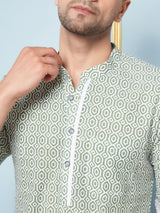 Men Green & White Printed Cotton Short Kurta