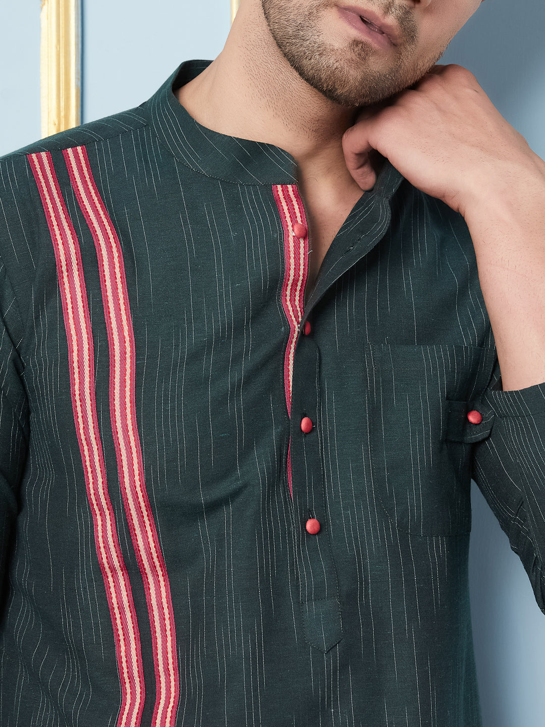 Men Green And White Weaving Design Kurta