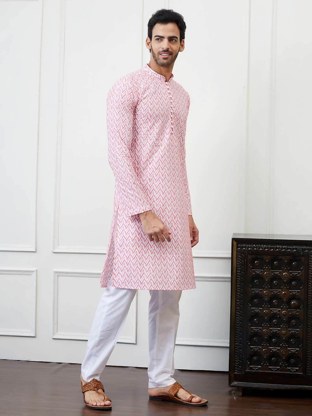 Men White and Pink Leaf Pattern Chikankari Embroidered Cotton Kurta Set