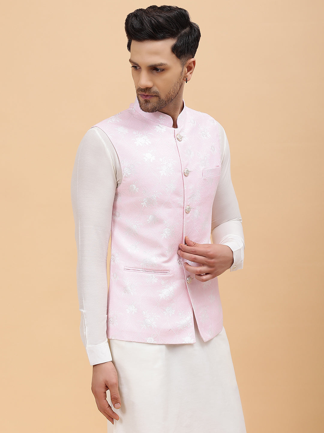 Men Pink & Gold Woven Design Jacquard Nehru Jacket