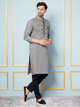 Men Grey Melange and Thread Work Kurta With pyjama