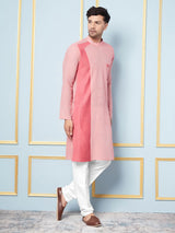 Men Coral And Pink Weaving Design Kurta