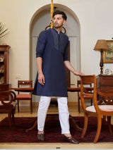 Men Navy Blue Cotton Silk Pintex Yoke Design Kurta With Pajama