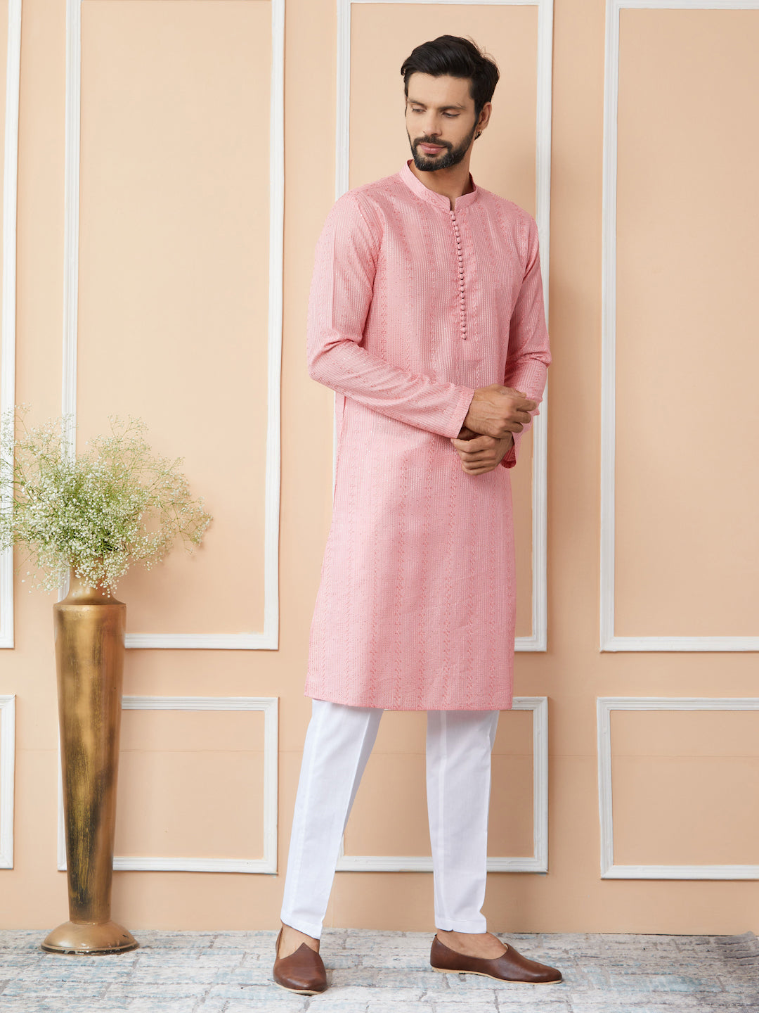 Pink Embroidered Thread Work Sequinsed Chanderi Silk Straight Kurta with Pyjama