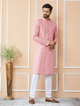 Pink Embroidered Thread Work Sequinsed Chanderi Silk Straight Kurta with Pyjama