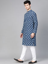 Riwaat.com Men Blue Indigo Hand Block Print Straight Sustainable Kurta Riwaat Printed