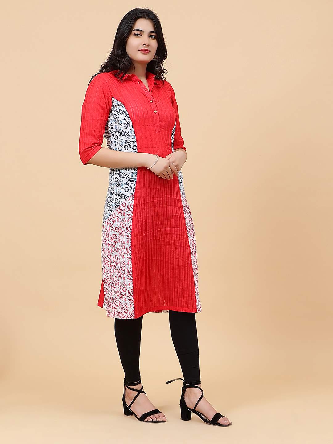 Women Red Princess Panel Side Floral Print Cotton Kurti