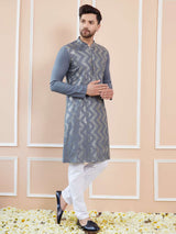 Men Grey And Gold Rayon Embroidery Sequins Kurta With Pajama