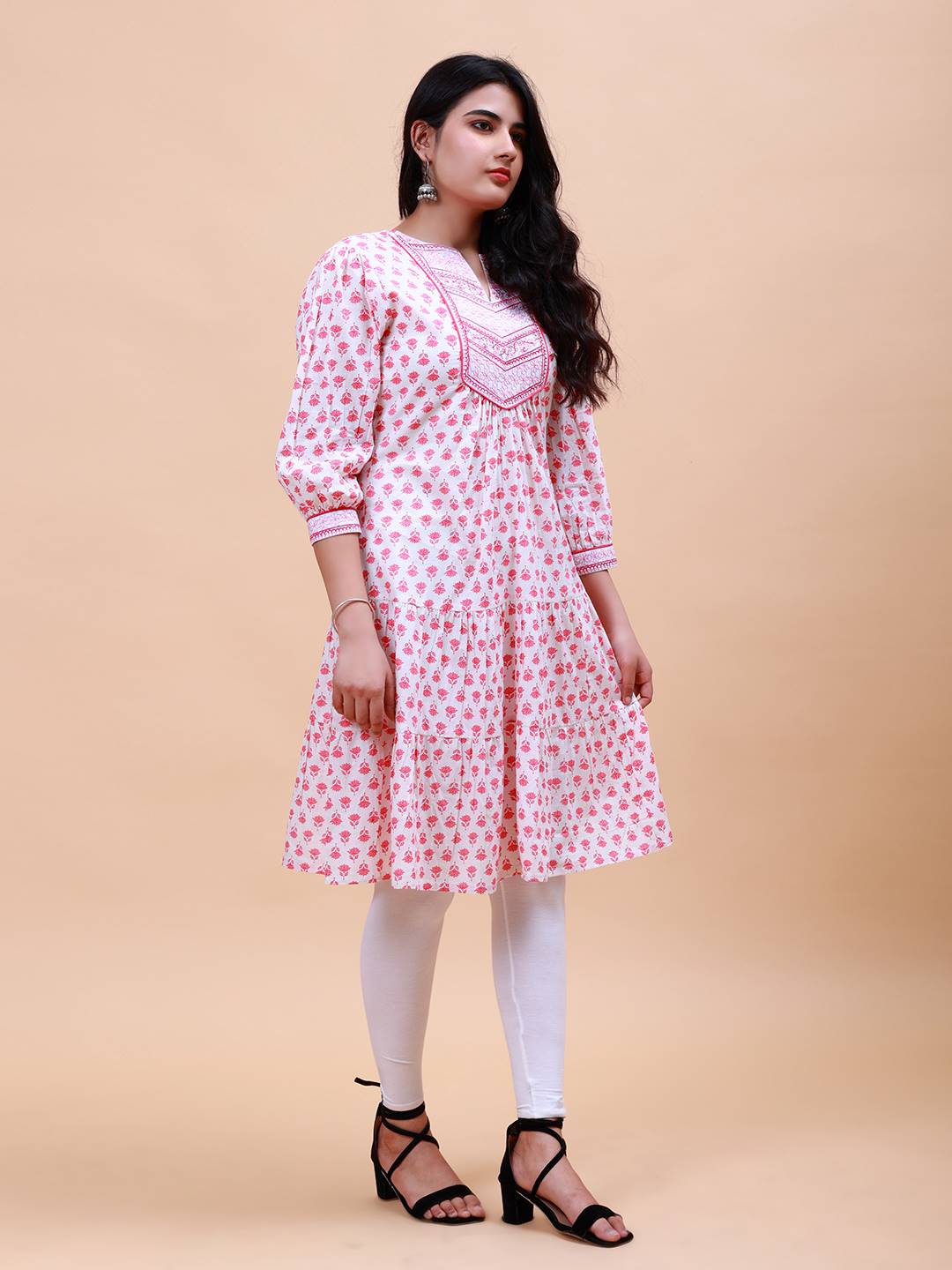 Women Pink And White Floral Yoke Design Embroidery Cotton Kurti