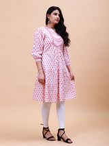 Women Pink And White Floral Yoke Design Embroidery Cotton Kurti