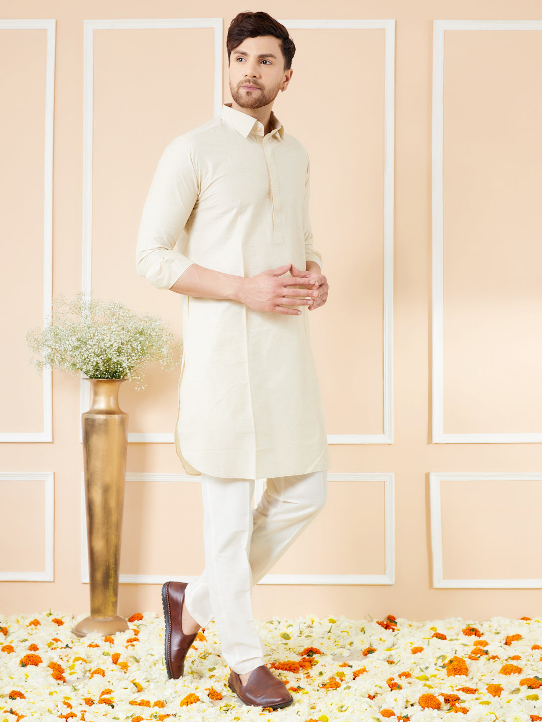 Men Cream Cotton Solid Pathani Kurta with Pyjama